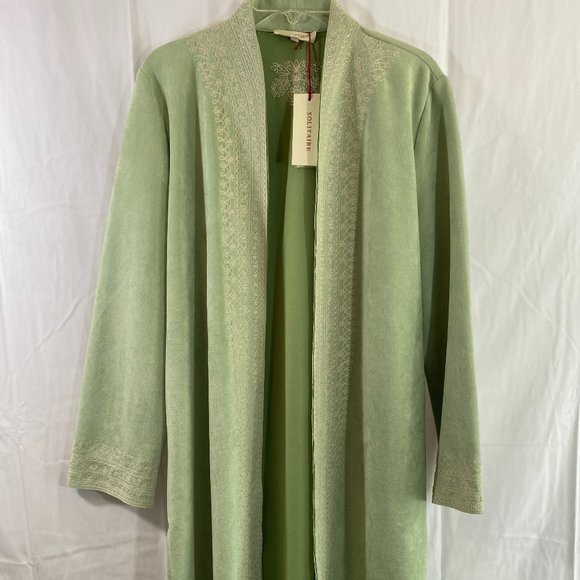 Solitaire Long Sleeve Open Duster Mint Green White Embroidery NWT Women's Size L - Picture 10 of 16